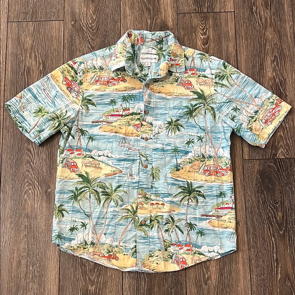 Saddlebred Classic Fit Tropical Blue Hawaiian Shirt Mens Medium